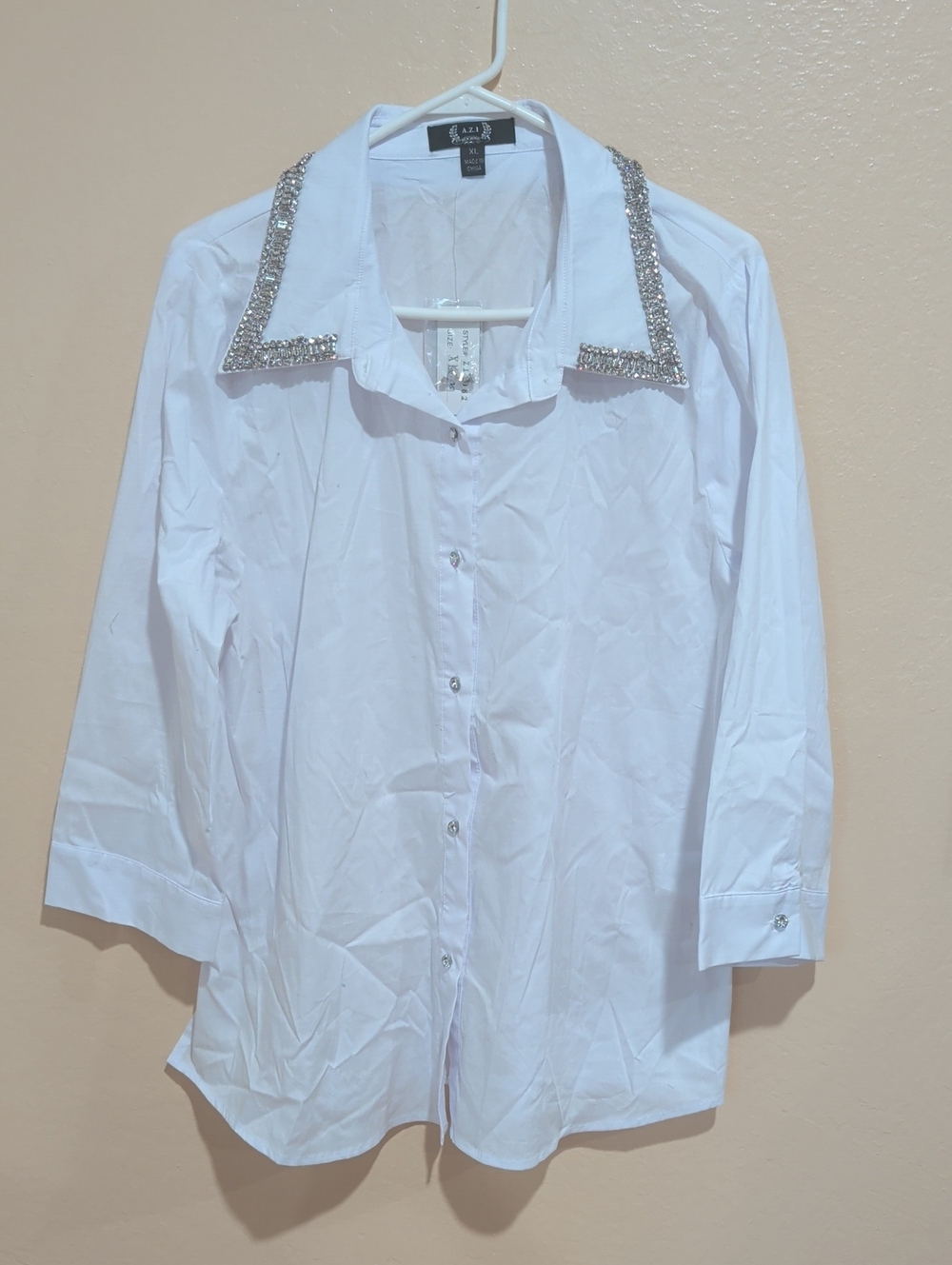 Embellished Collar White Button-Up Shirt, XL